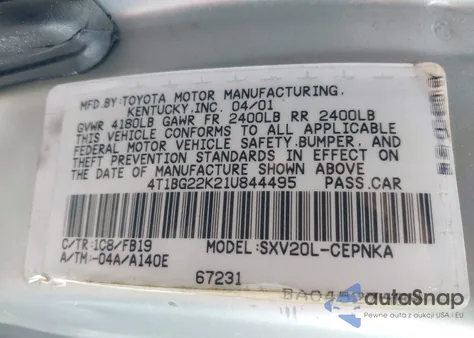 2001 Toyota Camry Le z USA, uszkodzony, nr VIN 4T1BG22K21U844495